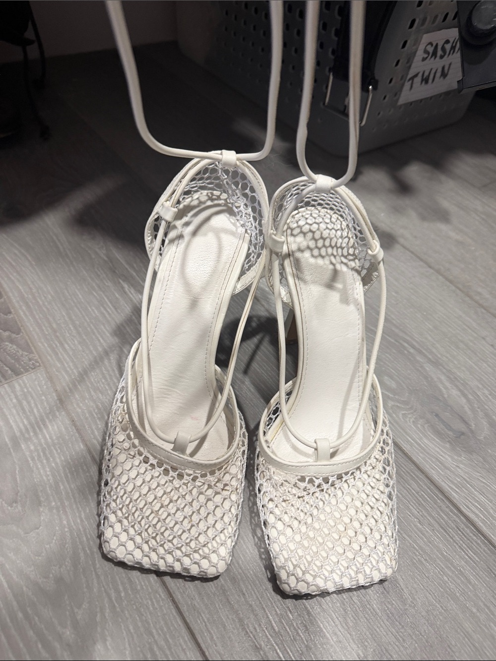 Women's White Lace-Up Mesh Square-Toe Heels